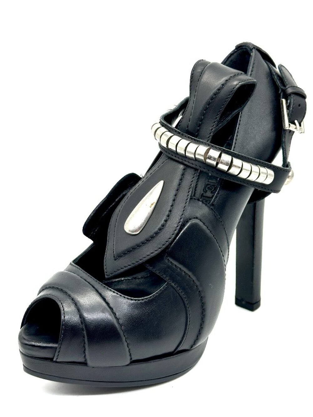 Alexander McQueen Metal Accent Harness Leather T Strap Platform Pumps Heels